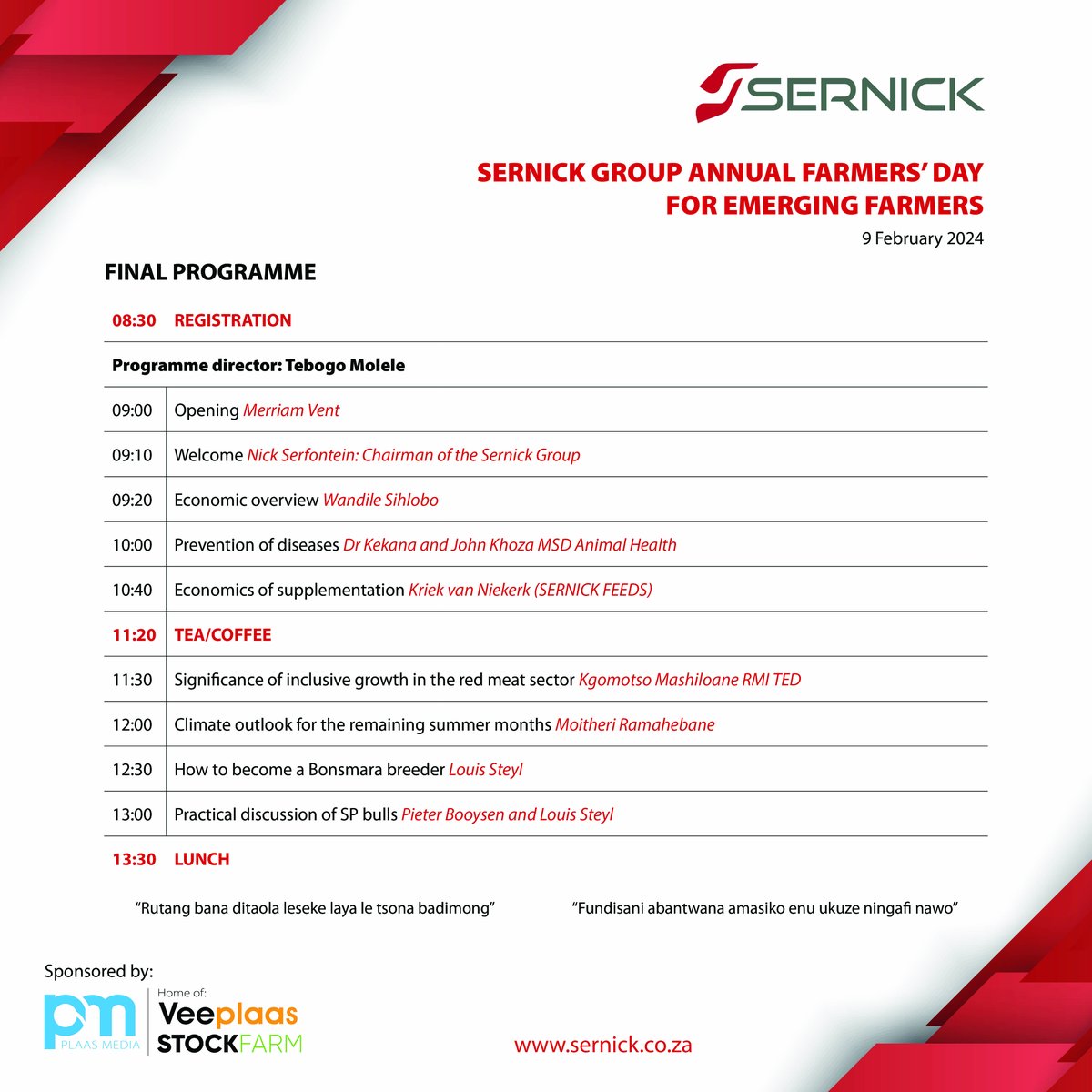 Stockfarmmag's tweet photo. The 2024 edition of the Sernick Emerging Farmer’s Day on 9 February offers all emerging livestock farmers the opportunity to network &amp; engage with other farmers &amp; agricultural experts. Send an email to Patrick@Sernickgroup.co.za to reserve your spot!  
@SernickGroup #PlaasMedia https://t.co/IHSZ4enfuJ