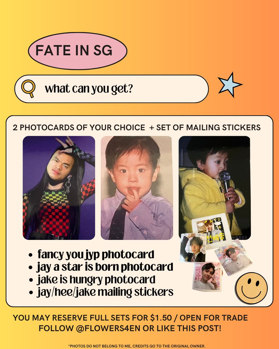 flowers4en's tweet photo. HELP RT!  
ENHYPEN FATE IN SINGAPORE 🇸🇬 — 
GIVEAWAY / FREEBIES   Jay / Jake / JYP photocards + mailing stickers.
- repost &amp; like (follow if you want!) 
- ︎20/21 Jan 2024 (will update) 

Open for fansupport trade/reservations!
📷#FATE_IN_SINGAPORE #FATE_IN_SG #FATE_IN_ASIA https://t.co/4T44x08hS9