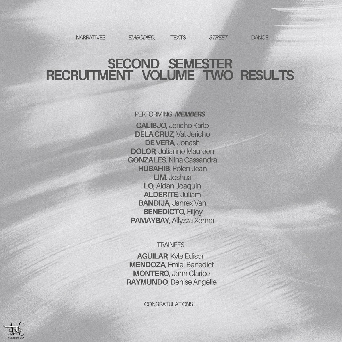 LOOK | Results are finally out! 

ADC congratulates the newest batch of members and trainees from our latest recruitment! We are thrilled to move with you as we work our way through more victories this year!

Narratives Embodied, Texts Street Danced