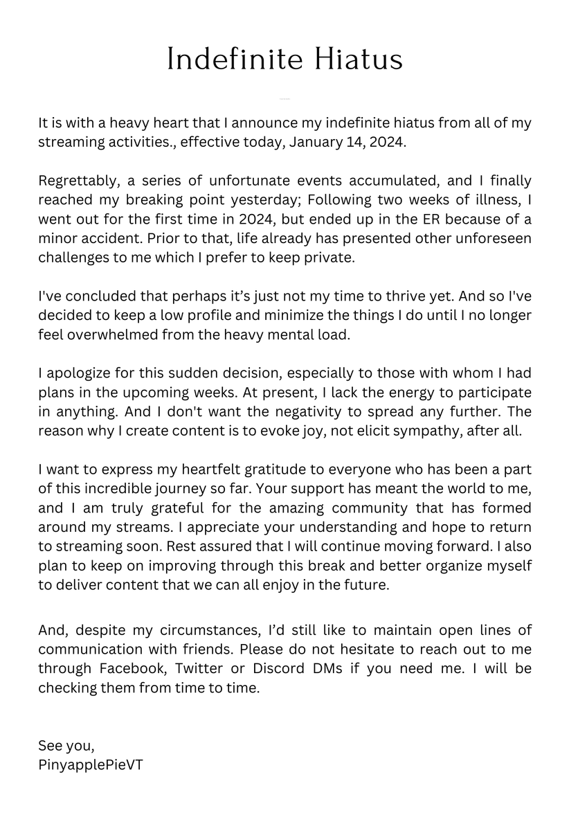 pinyapplepievt's tweet photo. TLDR; Taking a break from my streaming activities due to heavy mental load. Planning to return once I am feeling less overwhelmed. https://t.co/6SNerED5Ly