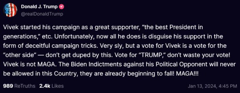 BadFoxGraphics's tweet photo. 2/ Vivek posted this photo of himself with young Iowa men wearing ‘Save Trump/Vote Vivek’ t-shirts and ‘Truth.’ hats at 4:26pET
Trump blasted Vivek on Truth Social at 4:45pET
It took 1️⃣9️⃣ minutes for Trump to seal Fake Vivek’s fate on Monday. https://t.co/TNgaN36w45