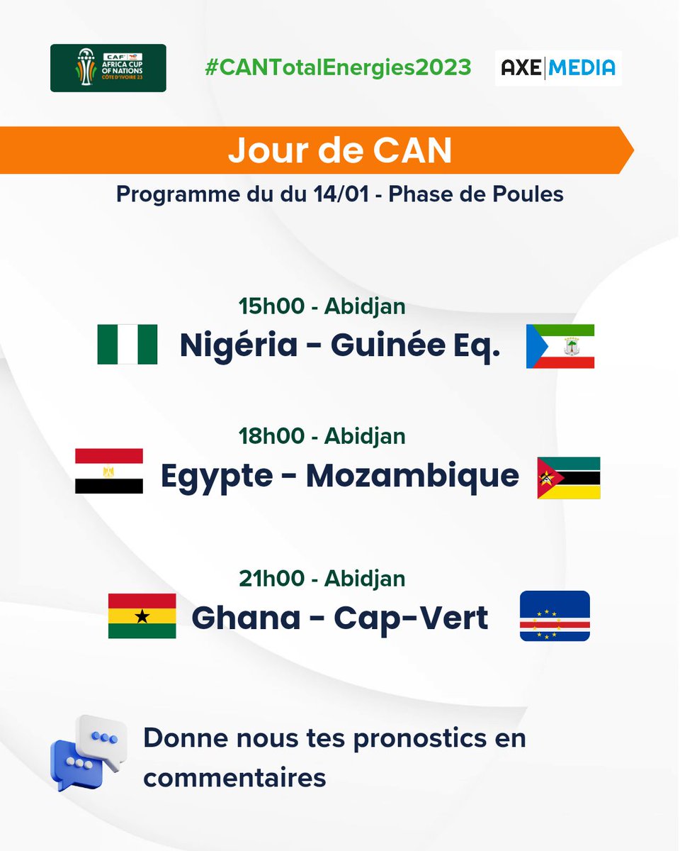 axemedia2023's tweet photo. #JourDeCAN la compétition ne fait que commencer !
Les rencontres de la journée: quel match vas-tu regarder ?
#CAN2023 #cotedivoire https://t.co/nedjZNs5ct