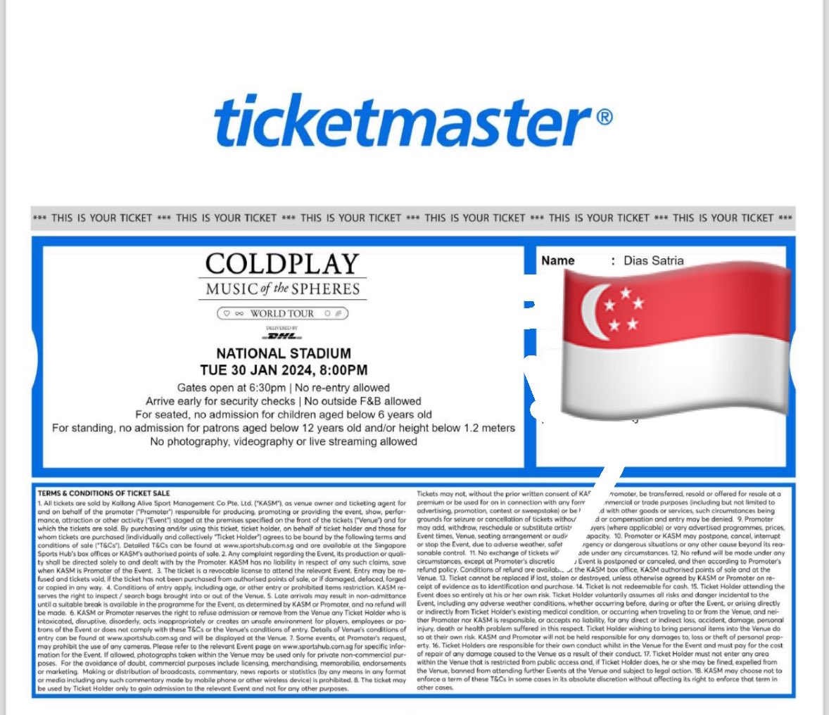 Diassatriaa's tweet photo. #WTS #COLDPLAYinSG  Want to Sell 2 tix CAT 5 Coldplay Singapore 30 Jan 2024. Negotiable price, COD JABODETABEK. Thankyou https://t.co/mk9adFq8eD