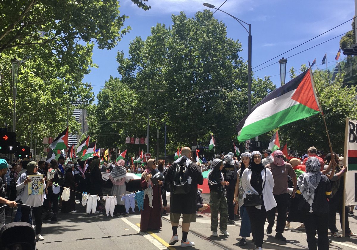 A string of baby clothes on a line - eloquent banner at today’s Free Palestine rally in Melbourne, with many thousands marching on the state parliament.