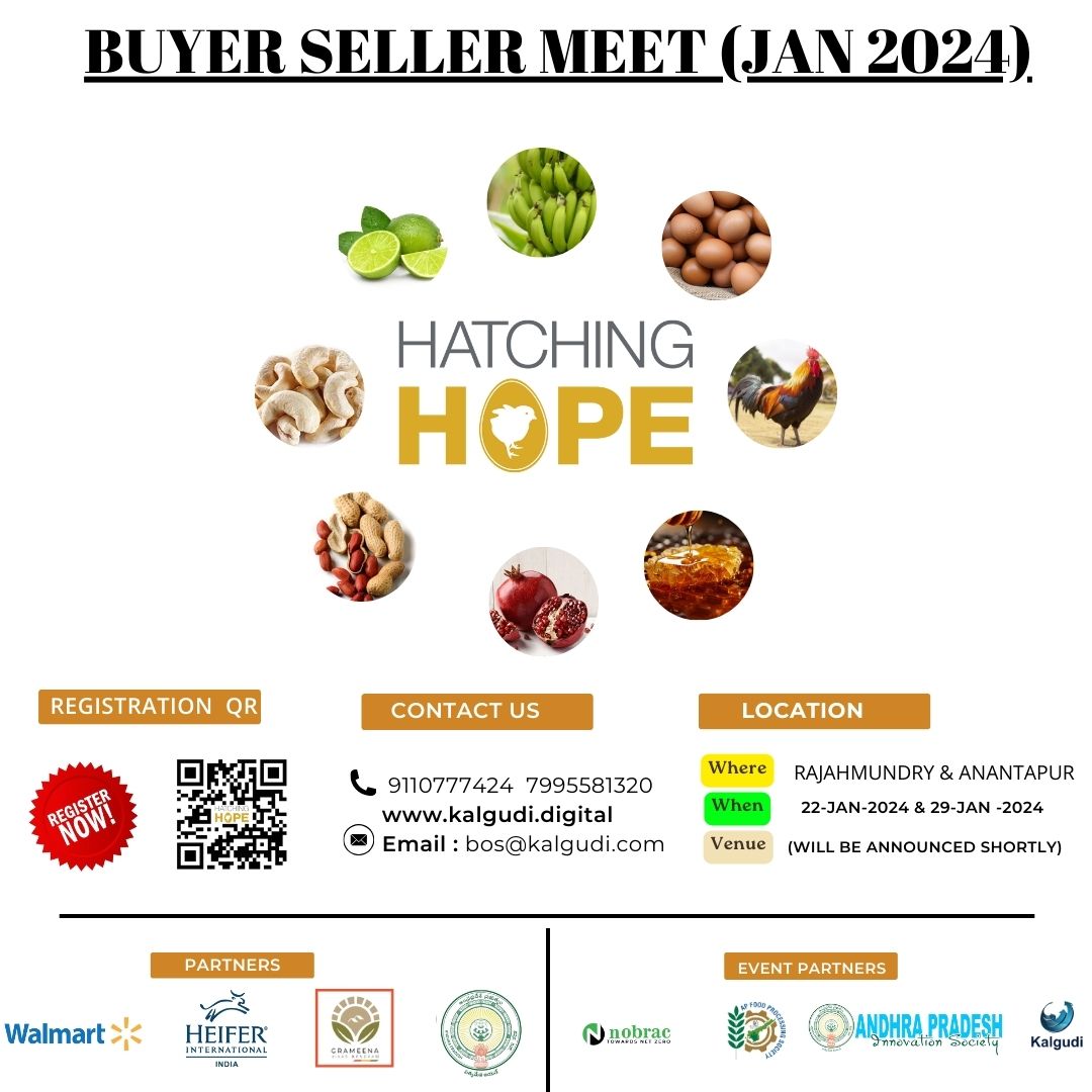 Buyer-Seller Meet 2024
Thank you for considering our invitation, and we hope to see you at the event.
#hatchinghopeAcceleratingincome #heiferInternational #Walmart #grameenaVikasKendram #APSERP #nobrac #apfoodprocessingSOCIETY
#FPO #BYP #KALGUDI #farmers #TradeConnect