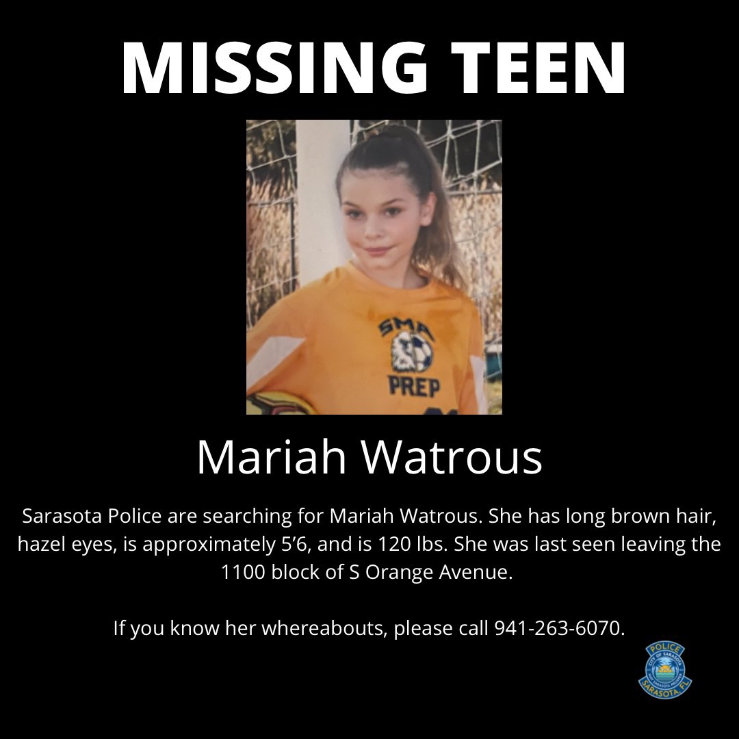 SarasotaPD's tweet photo. ATTEMPT TO LOCATE 🚨 Sarasota Police are searching for Mariah Watrous. She has long brown hair and hazel eyes, is approximately 5’6, and is 120 lbs. She was last seen leaving the 1100 block of S Orange Avenue. 

If you know her whereabouts, please call 941-263-6070. https://t.co/OkLxKehc7i
