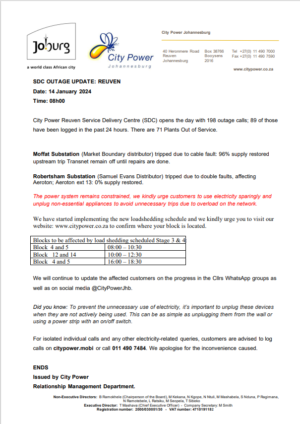 CityPowerJhb's tweet photo. #JoburgUpdates #ReuvenSDC
Kindly see the below attachment. Including #MoffatSubstation #RobertshamSubstation updates.👇 ^IM https://t.co/S1XdRBti0H