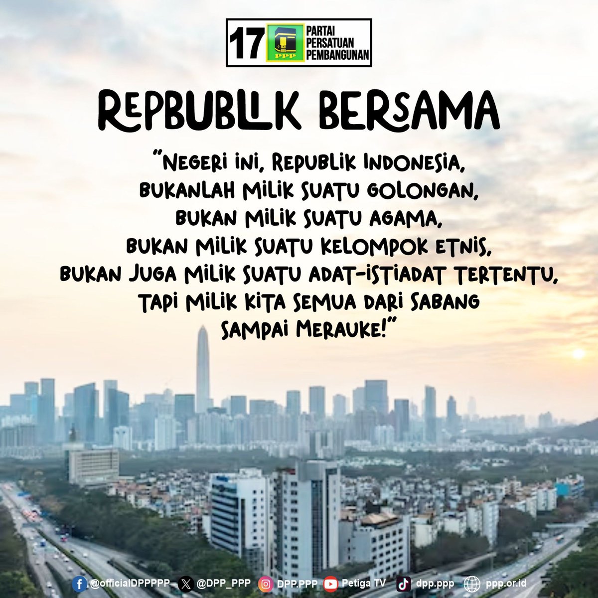 DPP_PPP's tweet photo. Mari jadikan momentum pemilu 2024 ini sebagai ajang mempererat persatuan, beda pilihan biasa tapi jangan sampai mau dipecah belah karena REPBLIK INI MILIK BERSAMA.

#Harlah51PPPMenang #CoblosKabah https://t.co/FY2FizgpDg