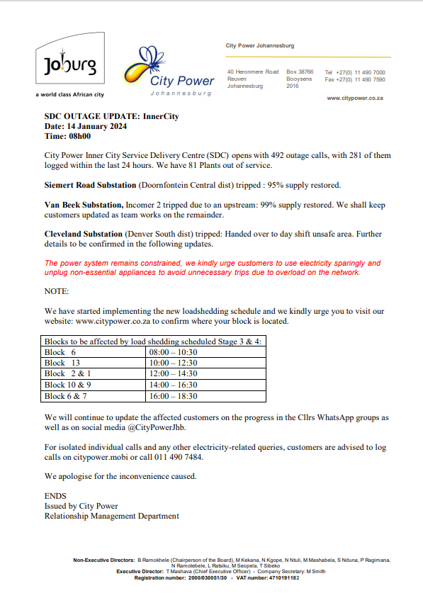 CityPowerJhb's tweet photo. #JoburgUpdates #InnerCitySDC

Opening the day with 492 outages, kindly see the attachment. Includes #SiemertRoadSubstation #VanBeekStation #ClevelandSubstation 👇. ^IM https://t.co/kyzwQrmBSl