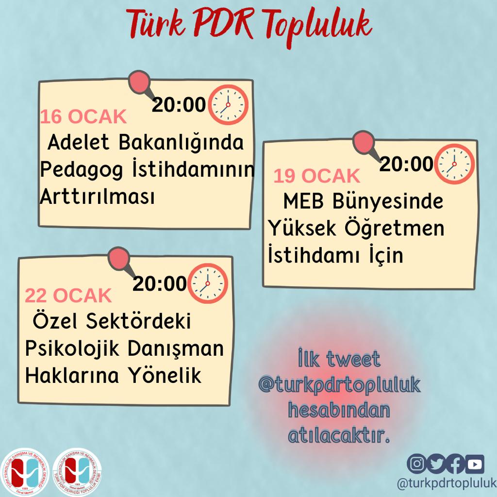 turkpdrtopluluk's tweet photo. Kıymetli Meslektaşlarımız 
Türk PDR Topluluk Ekibi Olarak
⏰16 Ocak Adalet Bakanlığında Pedagog İstihdamının Arttırılması
⏰19 Ocak  MEB Bünyesinde Yüksek Öğretmen İstihdamı İçin
⏰22 Ocak Özel Sektördeki Psikolojik Danışmanların Hakları İçin Gündem Çalışmalarımız Olacaktır https://t.co/KhEgzgJaMV