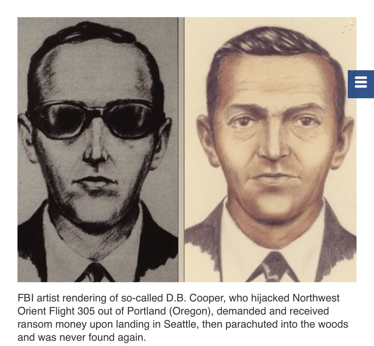 case_number's tweet photo. The strange unsolved mystery of D.B Cooper, On Nov. 24,1971 a man who called himself Dan Cooper bought a one way ticket to Seattle, Washington. Flight #305 was to become part of one of the biggest mysteries yet. He proceeded to board the plane, he order a bourbon & soda while the flight waited for take off. A bit after 3PM he handed the stewardess a note which stated he had a bomb. He asked her to sit with him & open his briefcase to expose the red sticks with a mass of wires. He asked for 4 parachutes, $200,000 all in $20 bills. Once flight landed he exchanged 36 passengers & some crew members in exchange for money & parachutes. He then asked the remaining crew to refuel the plane & set course for Mexico City. Somewhere between Seattle & Reno he jumped off the back of the plane with his money never to be seen again. Although a manhunt was put on the man’s fate remained a mystery to this day! 
#TrueCrime #CrimeMysteries #PlaneHijacking #ColdCase #Seattle #CaseNumber #CrimeCommunity #Disappearance