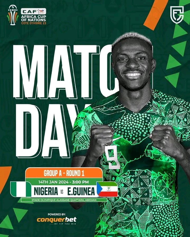 𝗠𝗔𝗧𝗖𝗛𝗗𝗔𝗬! ⚽️😍

👉 𝙽𝙸𝙶𝙴𝚁𝙸𝙰 🇳🇬 🆚 🇬🇶 𝙴𝚀𝚄𝙰𝚃𝙾𝚁𝙸𝙰𝙻 𝙶𝚄𝙸𝙽𝙴𝙰
⏰ 03:00 PM(GMT +1)
🏟️ Stade Olympique Alassabe Quattara, Abidjan
🏆 2023 #TotalEnergiesAFCON2023 

Predict the scoreline
Good luck Eagles