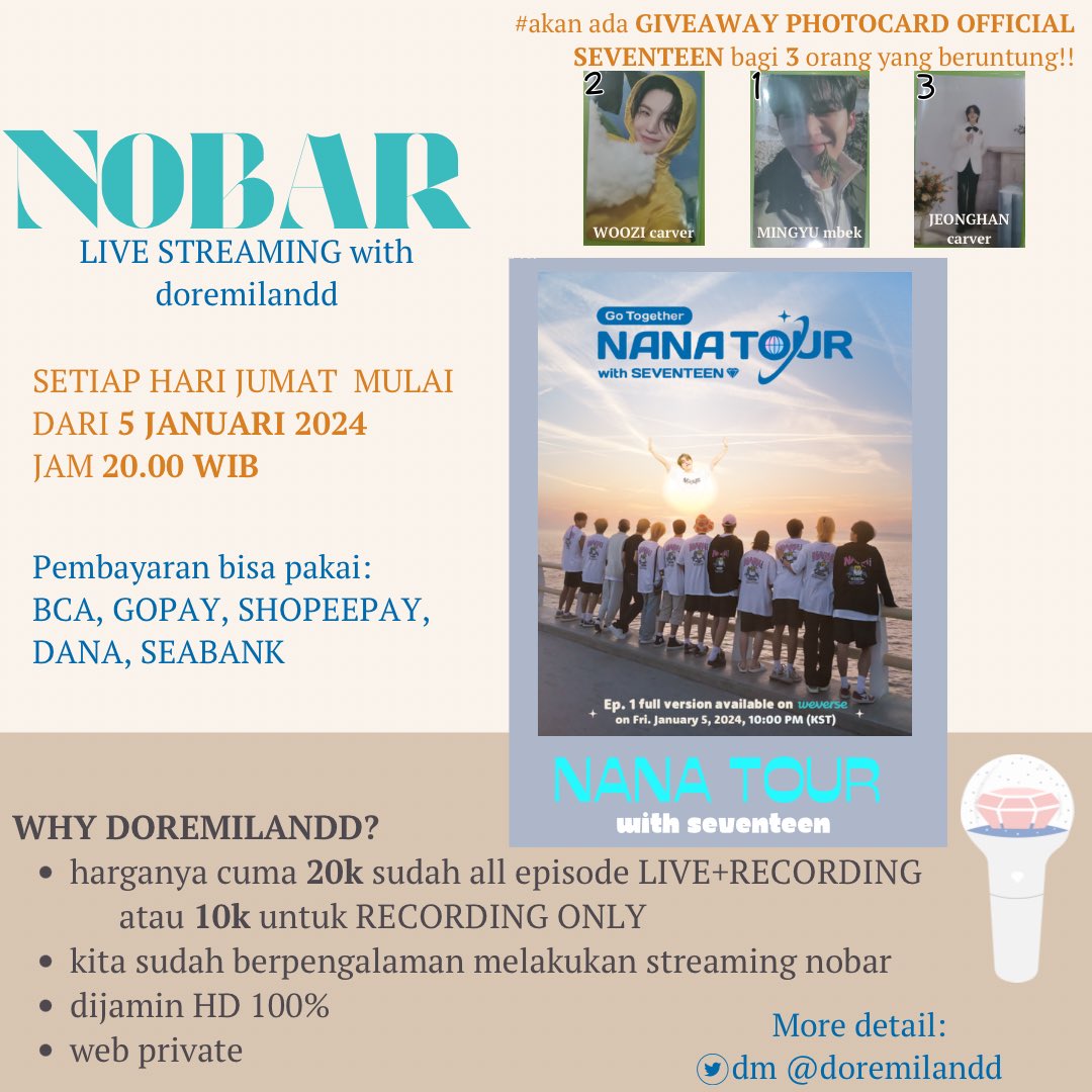 scoupswifeeeee's tweet photo. Sharing NANA TOUR 
https://t.co/J7ucRnAz87

Fee: 20k | 8 RM (all episodes)
          10k | 5 RM (gdrive only)

+ GIVEAWAY photocard official +

#pasarsvt #pasarseventeen #nanatour #zonauang #zonajajan #seventeen #svtcarat #carat #nobar #MINGYU #JEONGHAN #WOOZI 
@PasarSeventeen https://t.co/6WqSw6MyNK