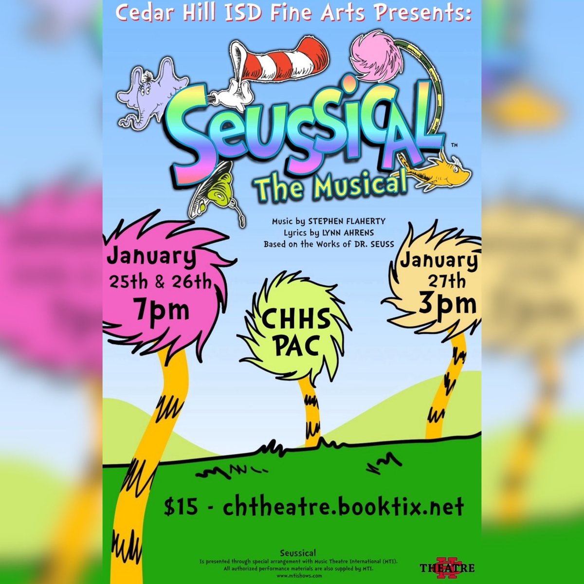 🎭 CHHS Theatre 🎭 (@chhs_theatre) on Twitter photo Did ya hear ❓ did ya hear❓, did ya did ya hear⁉️our thespians have been hard at work preparing for Seussical THE MUSICAL!
reserve your seat TODAY!
chtheatre.booktix.net
<a href="/cedarhillisd/">Cedar Hill ISD</a> <a href="/CedarHillTX/">City of Cedar Hill</a> <a href="/Mason4Mayor2019/">Stephen Mason</a> <a href="/CHPTA_PRESIDENT/">Cedar Hill ISD - Council of PTAs</a> <a href="/Deemchamp/">Dr. Derrick Walker</a> <a href="/PrincipalJoffre/">Leroy Joffre</a> <a href="/_Best_Southwest/">The Best Southwest</a> Did ya hear ❓ did ya hear❓, did ya did ya hear⁉️our thespians have been hard at work preparing for Seussical THE MUSICAL!
reserve your seat TODAY!
chtheatre.booktix.net
<a href="/cedarhillisd/">Cedar Hill ISD</a> <a href="/CedarHillTX/">City of Cedar Hill</a> <a href="/Mason4Mayor2019/">Stephen Mason</a> <a href="/CHPTA_PRESIDENT/">Cedar Hill ISD - Council of PTAs</a> <a href="/Deemchamp/">Dr. Derrick Walker</a> <a href="/PrincipalJoffre/">Leroy Joffre</a> <a href="/_Best_Southwest/">The Best Southwest</a>