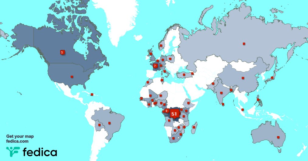 Selon fedica.com/!Hpeloma Mes abonnés vivent en: République démocratique du Congo(52%),Congo(9%),France(7%)