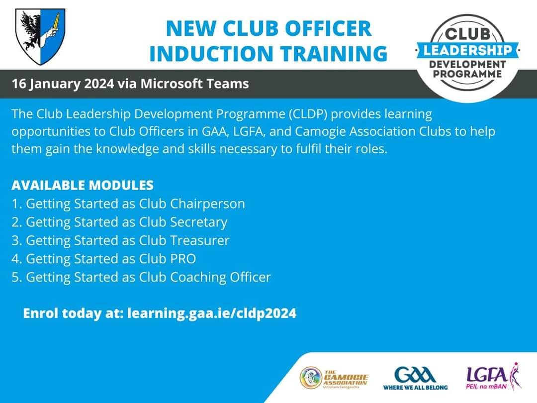 Online Club Officer Training Workshops take place Tuesday16th January at 7:30pm for:  
👉Chairperson 
👉Secretary 
👉Treasurer
👉 PRO 
👉 Coaching Officer

These are extremely beneficial workshops which every club officer should attend!
Registration through the link: