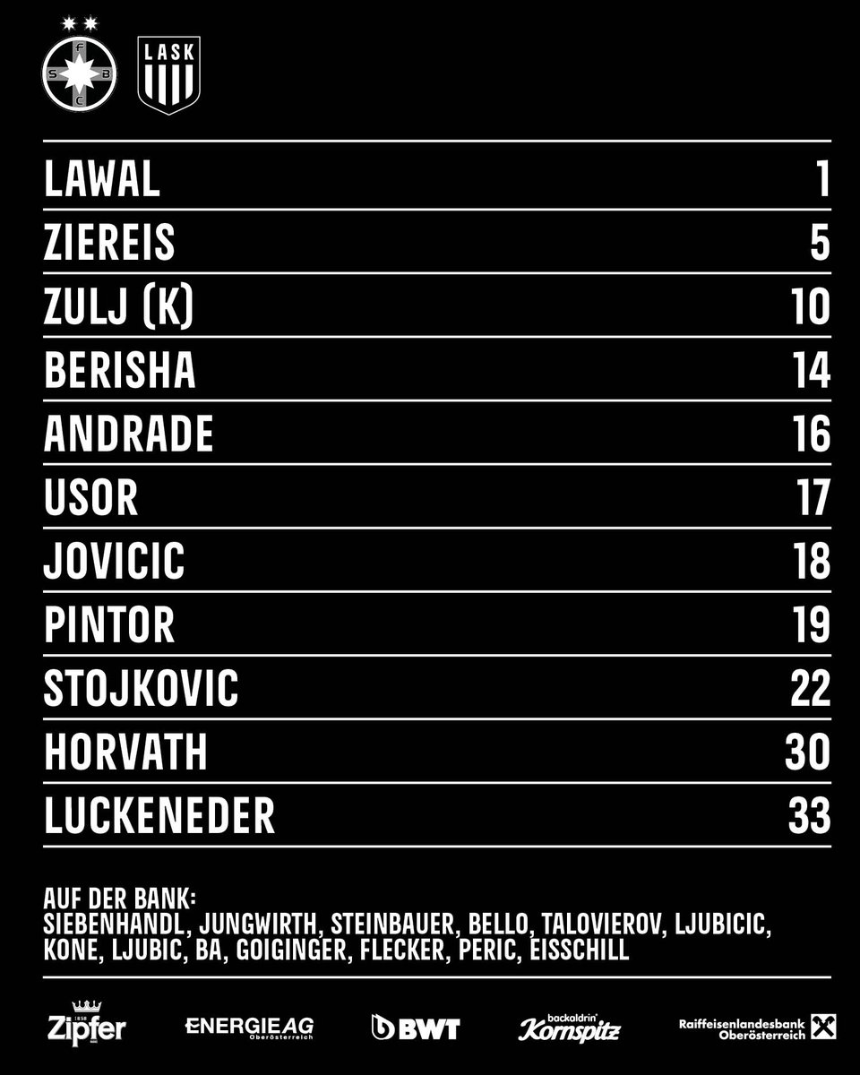 LASK_Official's tweet photo. Mit dieser Elf geht's in den zweiten Test ⚫️⚪️ #FCSBASK #Testspiel https://t.co/22T5dd41gO