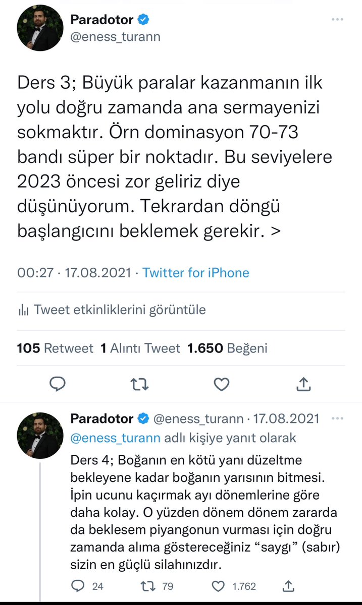 paradotor's tweet photo. STRATEJİ ( Herkesi ilgilendiren bir yazı) Özellikle eleştirenler iyi okusun.

Benim boğada bir stratejim vardır. 2020-2021 sürecinde kriptodaki genel bakiyemin %80’nini aşama aşama Mayıs 2021’e kadar çektim. Hani o 1000x yaptığımız süreç. Kalan %20 bakiyeyi de BTC’nin 84K ve 120K’ya kadar gidebilme ihtimaline karşılıkta hep tutarım. Bu boğada da 130K-140K’ya kadar %80’i çıkıp 200K üstü ihtimaline karşılık %20 bırakma planım var. Bu benim hep uyguladığım bir şey. 

Bu hani milletin eleştirdiği FLM, SXP, REEF, RACA bunlar son dönem sepetin ürünleri. TWT, KAVA, MBOX ( Bunlar da güzel kâr oldu) bunlar da son sepetin ürünleri. Kalan %20 sepetin ürünleri yani. NWC ve TFBX gibi küçük projelerde de 120K ihtimaline karşılık bazı yüksek hedefler verdiğim doğrudur. Fakat 120K’ya gelme şartıyla o hedefler verildi. Bunu defalarca o dönem açıkladım. 

Bir insan NWC’den mağdurum diyorsa büyük ihtimal parasının %50’sini yatırmıştır. Fakat benim geriye kalan %20’lik sepette %5 yer kaplıyordu. TFBX %2 falandı sanırım. Bu benim en son önerdiğim şeydi. Ben kimseye paranın %50’sini NWC’ye yatır demedim öyle bir şey yapana o dönem hakaret ediyordum olayın ciddiliğini anlasın diye. 

O dönem 2021 boğasının en şiddetli yaşandığı dönemde yeni yatırımcıya yüklü mal almayın, 2022-2023’ü bekleyin diye serzenişlerim oldu. Şimdi bir kısmını paylaşıyorum 🔥👇