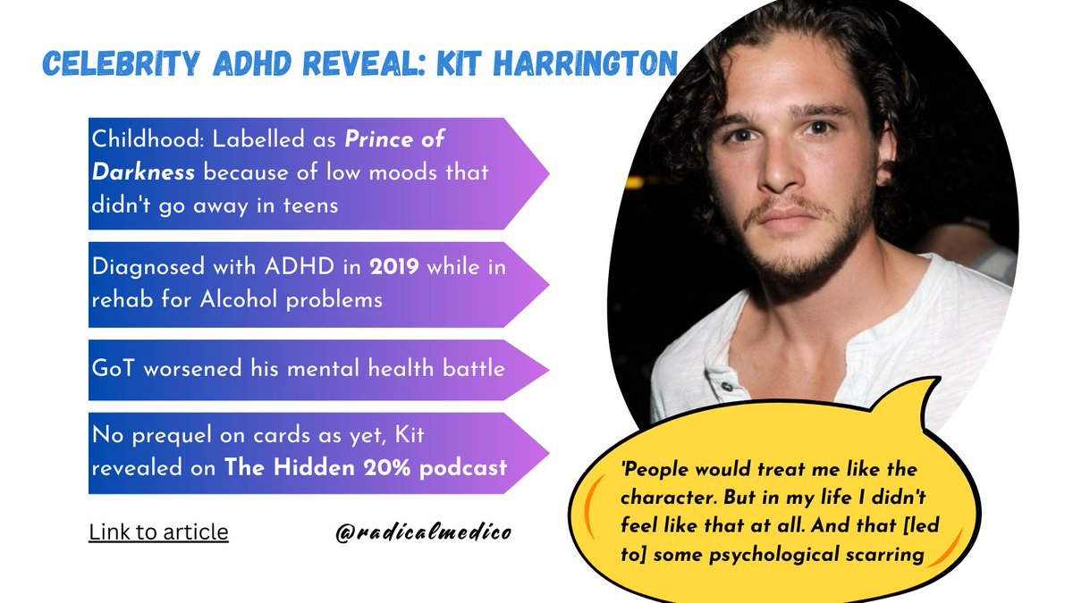 Adult ADHD classical history points:

🔷Emotional dysregulation observed from childhood
🔷Substance use issues

#AdultADHD #ADHDAwareness #Celebrity #KitHarrington #GoT