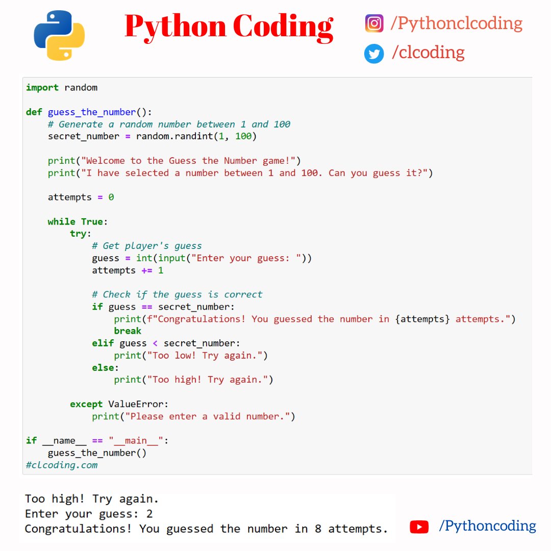 clcoding's tweet image. A simple text-based guessing game in Python 

Code available: clcoding.com/2024/01/a-simp…