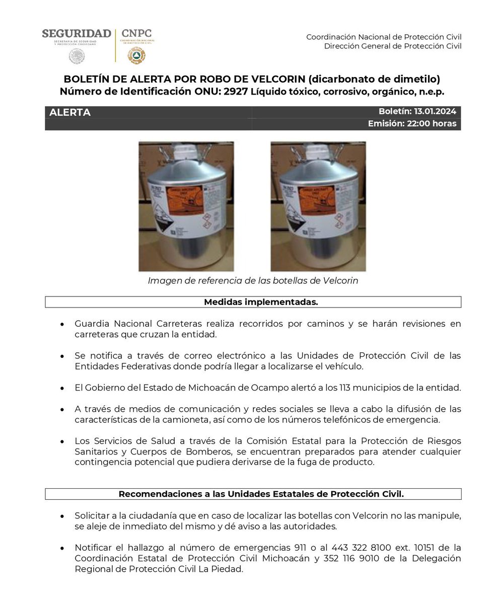 quierotv_gdl's tweet photo. ⚠️La @CNPC_MX informó del robo de un vehículo Ford F350 que transportaba 2 botellas de aluminio de 25 kg cada una con #Velcorin (dicarbonato de dimetilo). Su nivel de toxicidad es alto.
El último registro fue en La Piedad, #Michoacán, pero también hay alerta en Jalisco y otros estados colindantes.