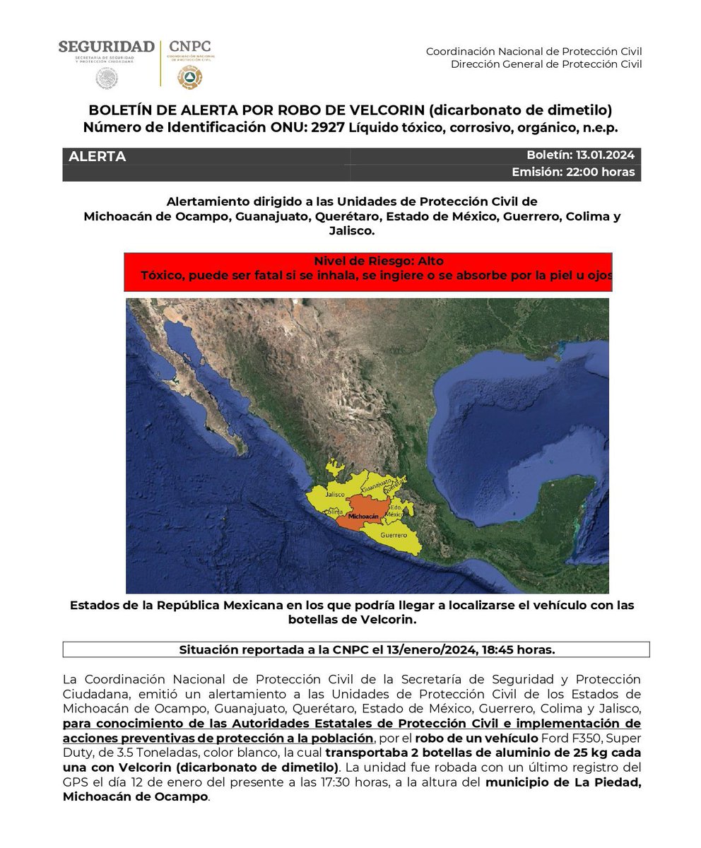 quierotv_gdl's tweet photo. ⚠️La @CNPC_MX informó del robo de un vehículo Ford F350 que transportaba 2 botellas de aluminio de 25 kg cada una con #Velcorin (dicarbonato de dimetilo). Su nivel de toxicidad es alto.
El último registro fue en La Piedad, #Michoacán, pero también hay alerta en Jalisco y otros estados colindantes.