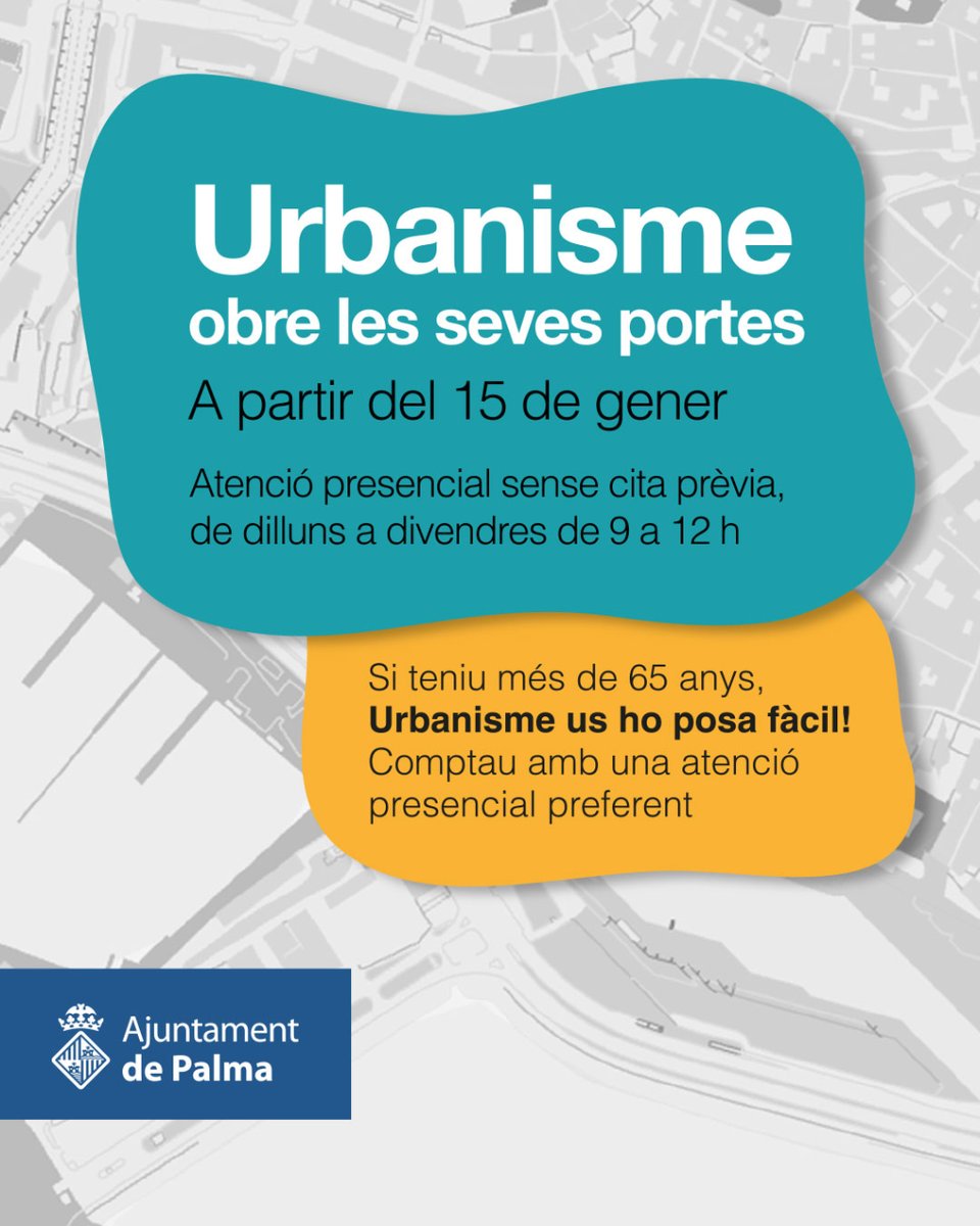 ajuntpalma's tweet photo. ⚠️ Atenció! Urbanisme obre les seves portes a l' atenció presencial serà sense cita prèvia de dilluns a divendres de 9 a 12 h ⏰

I si tens més de 65 anys tens preferència 👴👵

#UrbanismePalma #AjuntamentDePalma https://t.co/Tq5qZnXmwc