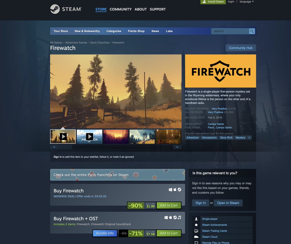Firewatch is a gorgeous game by some of the makers of Half-Life: Alyx and is a steal right now on Steam for only $1.99

<a href="/Raicuparta/">Raicuparta</a> VR mod makes this game such a treat to go through in full 6DOF VR with motion controls.