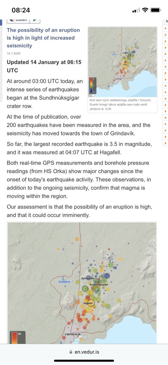 Intense seismicity in #Grindavik and renewed magma movement could signal imminent #eruption according to @Vedurstofan en.vedur.is/about-imo/news…