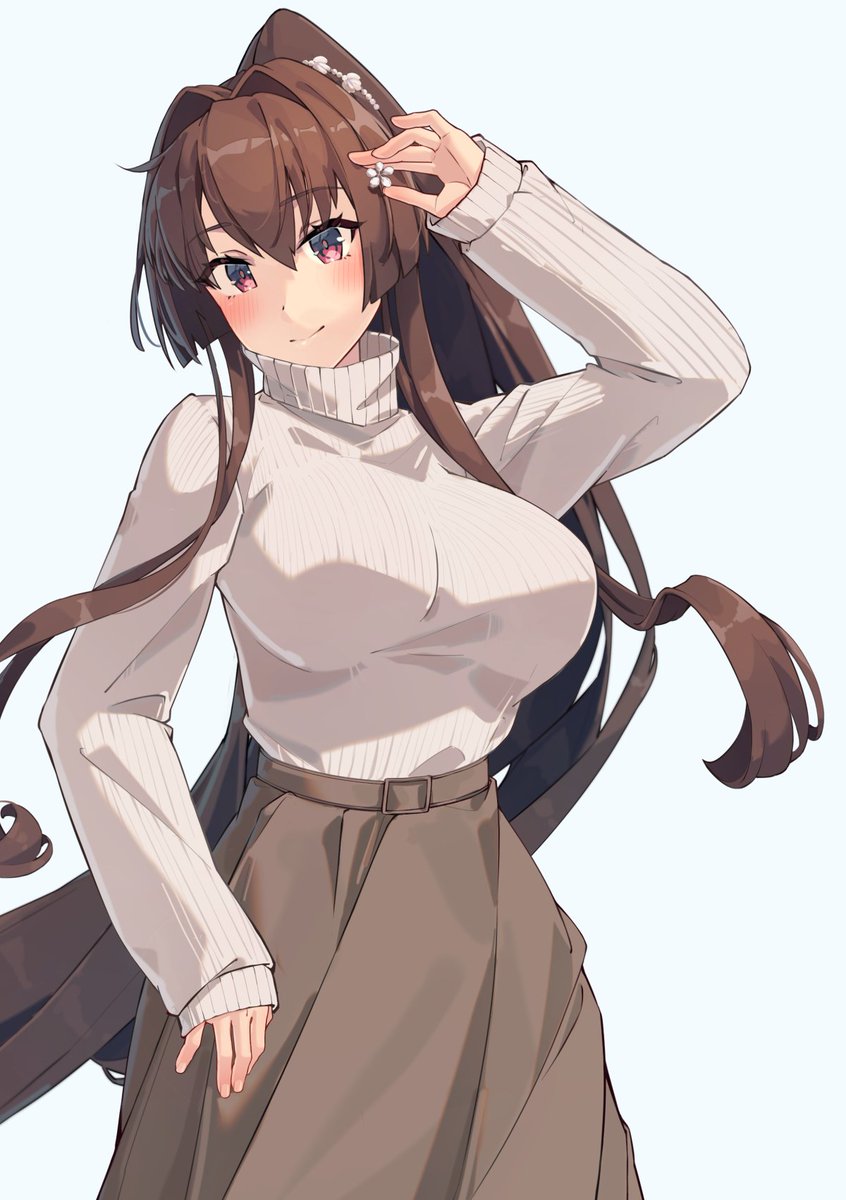 yamato (kancolle) 1girl solo long hair brown hair sweater skirt simple background  illustration images