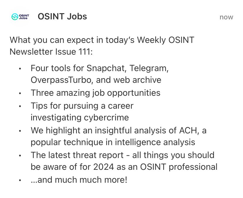 Tonight’s The Weekly #OSINTNewsletter Issue 110 🤓

Subscribe now and don’t miss anything: osintjobs.substack.com/subscribe

PS: Premium Subscribers get access to our Knowledge Archive - a searchable index of all our weekly #OSINT tradecraft tips and industry news from over 2 YEARS!