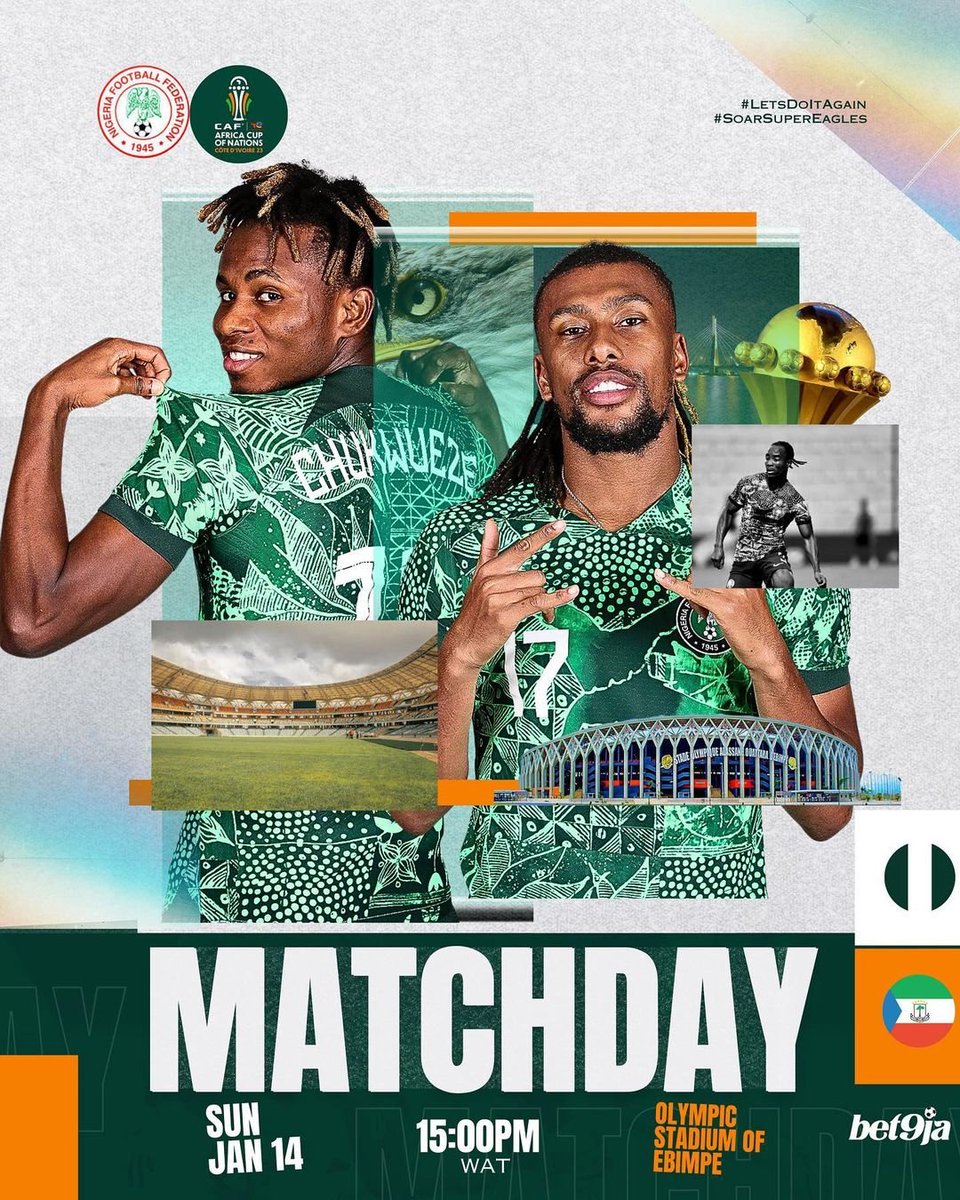 🦅🇳🇬 It begins today! 🚨M A T C H D A Y! ⚽️ Nigeria 🇳🇬 🆚 Equatorial Guinea 🇬🇶 🗓 Sunday, 14 January 2024 ⏱ 3pm 🇳🇬(WAT) 🏟 Olympic Stadium of Ebimpe, Abidjan 🧿 Afcon MD1 📱 #SoarSuperEagles #LetsDoItAgain #TotalEnergiesAfcon2023    #NGAEQG