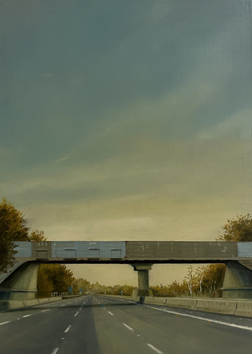 Golden Hour II
Oil on cradled panel
13x18cm

#m1 #painting #artist
#MotorwayArt #brutalism #Bridge #golden #WomensArt 
#journey