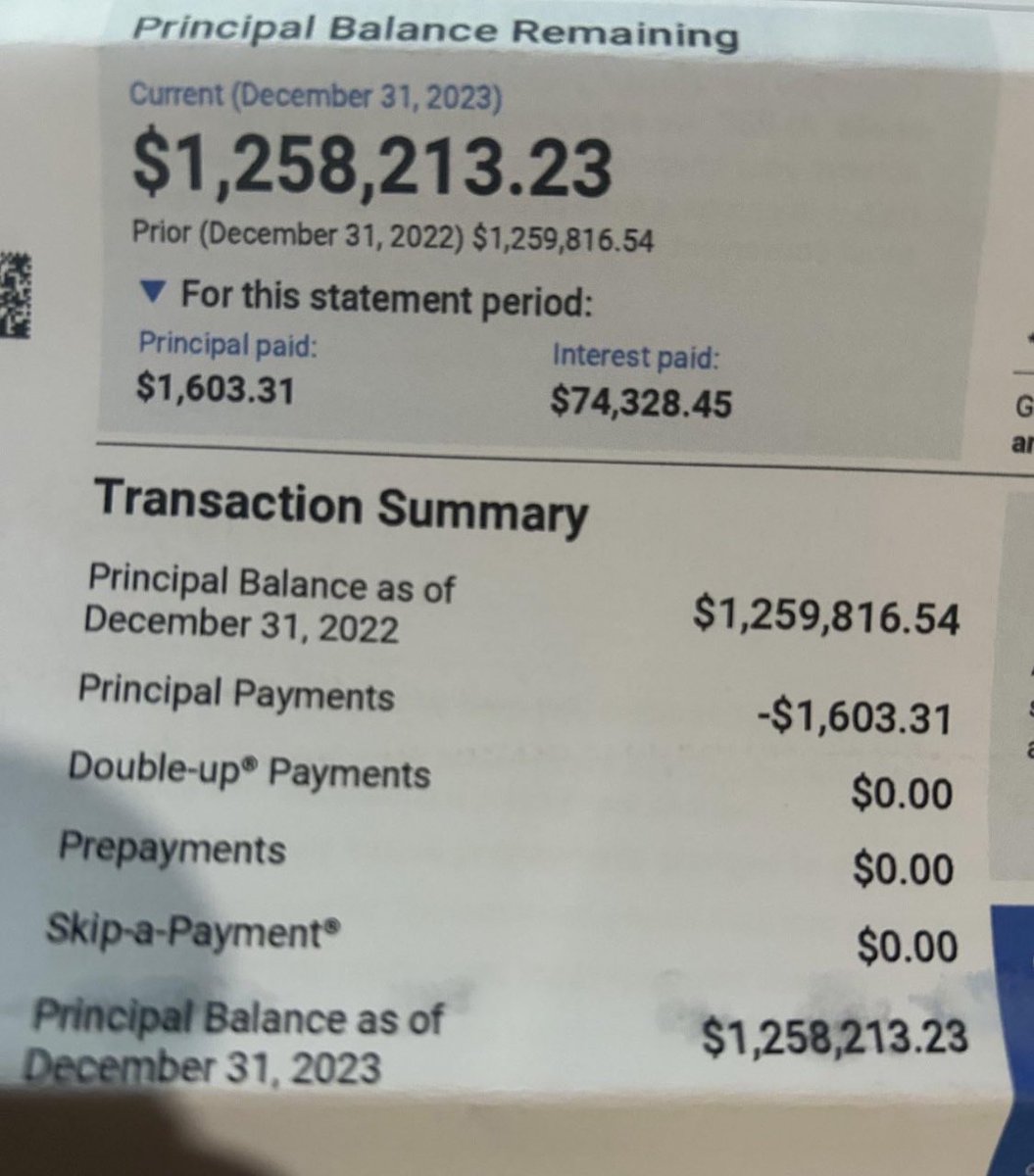 Someone’s 1 year of mortgage payments. $1603 principal paid. $74,328 interests paid 🏡 It’s a Canadian variable rate home loan after a mortgage extension (extended to 63 years). Basically renting your house and never really owning it.