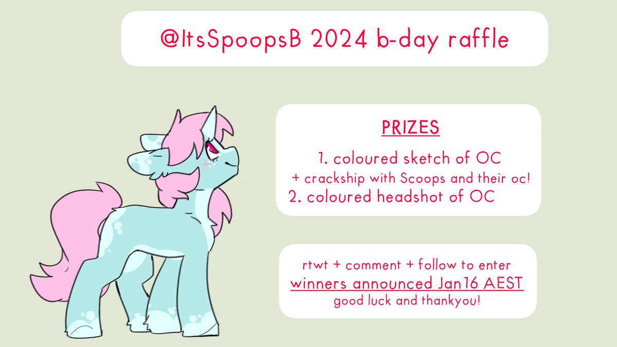 Its_Spoops's tweet photo. 🎉2024 B-Day Raffle🎉

💛follow
💛RTWT
💛comment your OC

I will draw 2 winners at random on 
🎂Tuesday Jan 16th🎂

prize examples in replies :)
#raffle https://t.co/PpUd4xBj9z