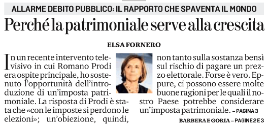 gspazianitesta's tweet photo. La professoressa Elsa Fornero propone su La Stampa di introdurre un'imposta patrimoniale e precisa che l'imposta andrebbe messa "sul patrimonio immobiliare, visto che quello finanziario già ne è gravato".
E' sconcertante. La professoressa Fornero era Ministro nel Governo che nel 2011 ha istituito la più pesante patrimoniale sugli immobili della storia d'Italia (per sua informazione, si chiama IMU). E la notizia - sempre per la professoressa, non per chi la paga da dodici anni - è che quella patrimoniale nessuno l'ha poi eliminata, gravando ancora per 22 miliardi di euro l'anno.
No comment sull'ideona di risolvere i problemi con una nuova tassa, di qualsiasi tipo: altrimenti andrebbe citato Maffeo Pantaleoni.