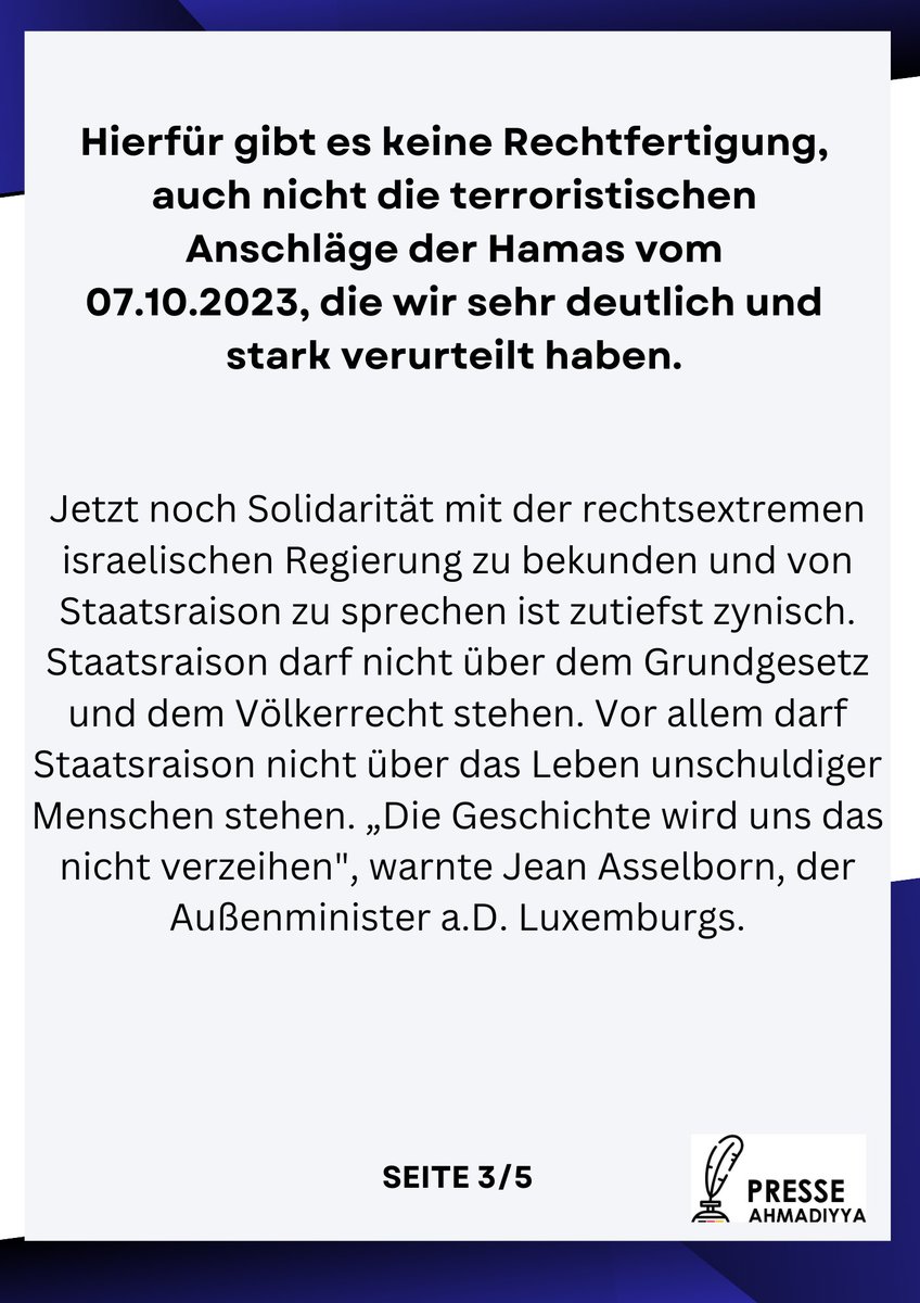 PresseAhmadiyya's tweet photo. sich für einen sofortigen und vollumfänglichen Waffenstillstand einzusetzen. Nachdem der Krieg jetzt auch auch weitere Gebiete ausgeweitet wird, ist die Gefahr eines 3. Weltkriegs akut. (3/4)
#CeasefireNOW https://t.co/Yh6ZHPxwq8