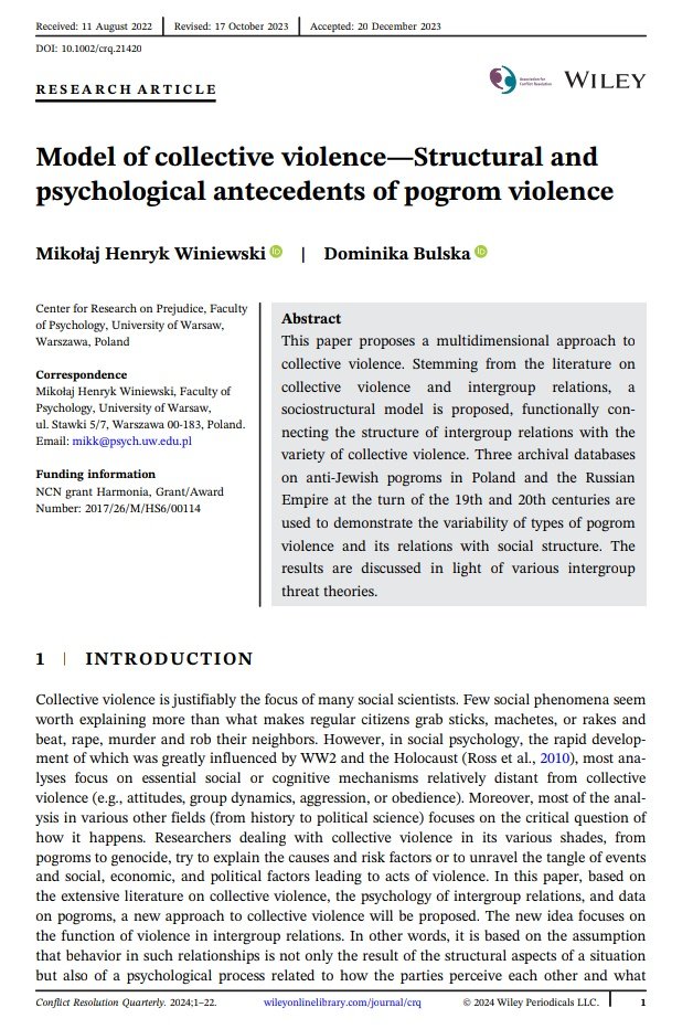 Center for Research on Prejudice UW (@centeruw) on Twitter photo 💥 New paper from <a href="/MIKK_WINIEWSKI/">Mikołaj Winiewski</a> <a href="/dbulska/">Dominika Bulska</a> in #ConflictResolutionQuarterly presents a data-driven model of collective violence addressing structural and
psychological antecedents of pogrom violence in Eastern Europe.
onlinelibrary.wiley.com/doi/full/10.10… 💥 New paper from <a href="/MIKK_WINIEWSKI/">Mikołaj Winiewski</a> <a href="/dbulska/">Dominika Bulska</a> in #ConflictResolutionQuarterly presents a data-driven model of collective violence addressing structural and
psychological antecedents of pogrom violence in Eastern Europe.
onlinelibrary.wiley.com/doi/full/10.10…