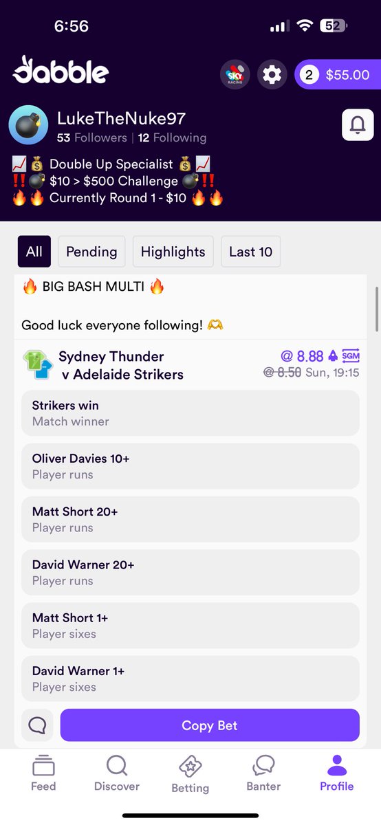 LukeTheNukeBets's tweet photo. 🔥 Bet Preview 🔥

Juicy Big Bash multi at $8.50 tonight!

Follow along on Dabble @ LukeTheNuke97 https://t.co/uwiSuVPBvP