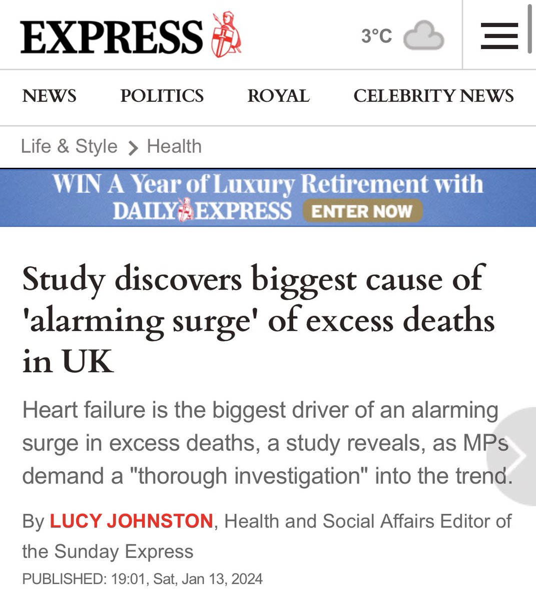 BREAKING: SUNDAY EXPRESS 

Study confirms biggest cause of ‘alarming surge’ in excess deaths in U.K. is cardiovascular 

Prof <a href="/carlheneghan/">Carl Heneghan</a> ‘these deaths CANNOT be explained by covid, ..’

‘Leading cardiologist’ says covid mRNA vaccine could be behind excess deaths 

🔥 🔥 🔥