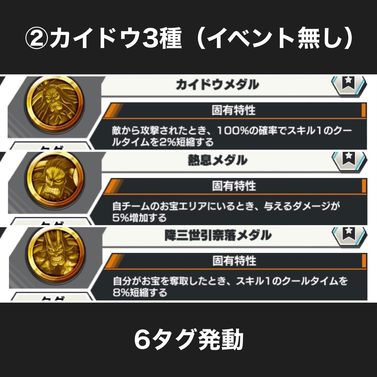 ランカー帯でよく使われているニカのメダル一覧】 ①ルフィ2種×ゾロ ②