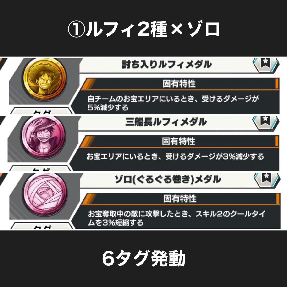 OPBR_matome's tweet photo. 【ランカー帯でよく使われているニカのメダル一覧】

①ルフィ2種×ゾロ
②カイドウ3種（イベントメダル無し）
③カイドウ3種（イベントメダル有り）
④カイドウ2種×キング

#バウンティラッシュ https://t.co/eJylLO8RDR