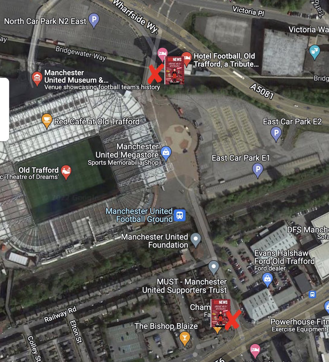 Here are the two spots we selling the latest RedNews for FINAL time/chance today.

Nathan Top SMB Way, me and Nik, Salford Bridge, Hotel Football side.

From 2pm until 420ish. Not after the game.

If you want to chat on the podcast see me about 2ish.

Cheers all, have good day.