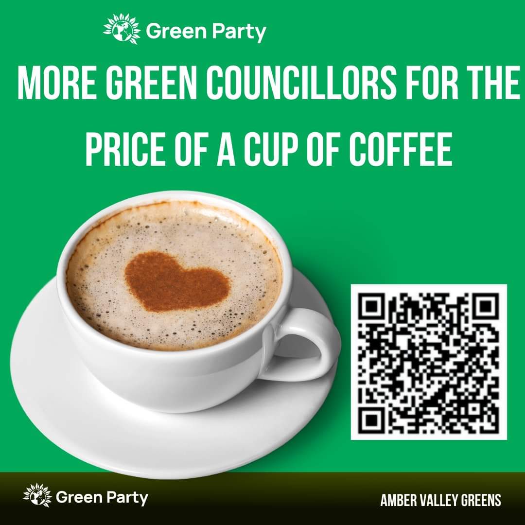 Amber Valley Green Party is run entirely by volunteers. Unlike other political parties we don’t get funds from the national party or big donors. Please donate at ambervalley.greenparty.org.uk or use the QR code to increase the presence of Greens in Amber Valley. <a href="/ambervgreens/">Amber Valley Greens</a>