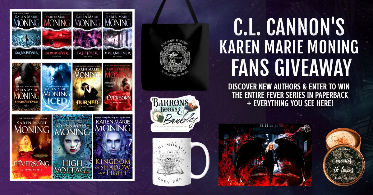 🔥Are you a fan of #KarenMarieMoning &amp; her stunning #UrbanFantasy series? Then this #giveaway is for you!🔥
⚡️Enter: bit.ly/kmmfanz⚡️
✨#Win the entire #Fever series + a tote bag, Morally Greymug, Barron’s Books &amp; Baubles magnet, art print, &amp; Enemies to Lovers candle!✨