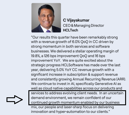 AshVerma111's tweet photo. #HCL_TECHNOLOGIES 

Q3-QoQ 🙂

Constant Currency Revenue Growth At 6% 
Vs Poll Of 3.8% Growth
👏 गजब कर दिए 

EBIT Margin At 19.8% Vs 18.4%
👍 Margins Up 140 Bps Vs Expectation of 0 to 50 Bps Improvement

Other Important Highlights ... 

Deal Wins 
@ $ 1.927 Bn vs $ 3.96 Bn QoQ 
Won 18 Large Deals Vs 16 Last Quarter

LTM Attrition 
@ 12.8% Vs 14.2% Last Quarter
Vs 21.7% In Q3 Last Year

FY'24 Revenue Guidance
CC Revenue Growth Expected To Be Between 5% & 5.5% YoY
Vs 5 - 6% At The End of Last Quarter 
Just Narrowed It 
Vs Some Brokerages Were Expecting A 50 Bps Cut 

FY'24 Margin Guidance 
EBIT Margin Expected Between 18% & 19%
Maintained

Dividend 
Board Approves Interim Dividend of Rs 12/ Share 
Record Date is 20-January 

@CNBC_Awaaz | #StocksInNews | #Q3WithAwaaz