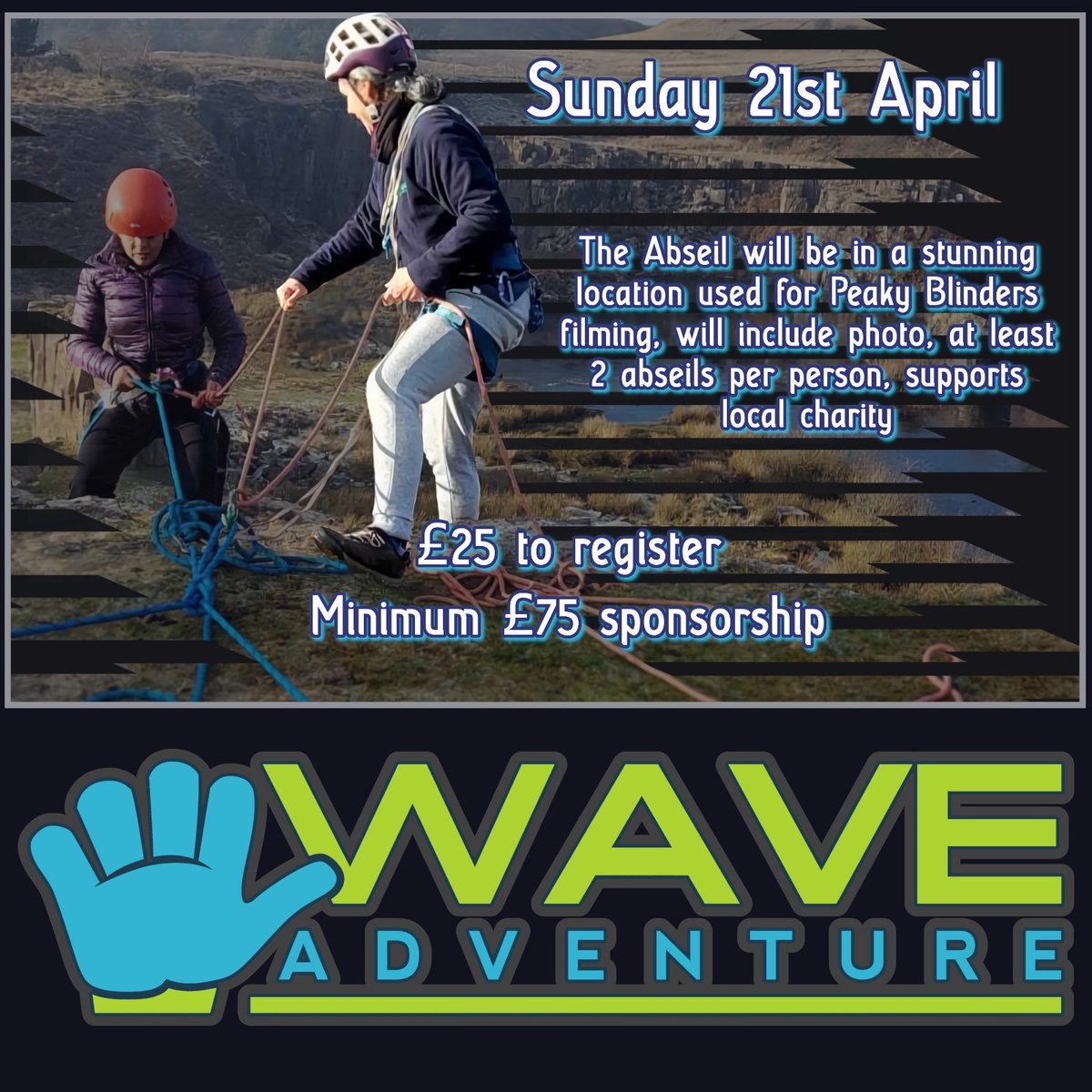 Sponsored abseil. Date: Sunday April 21st You will receive a high quality photo @headspacebolton 40 places - bookings now being taken- £25 to reserve a place. All money raised goes directly towards our charitable work. Contact waveadventure@outlook.com