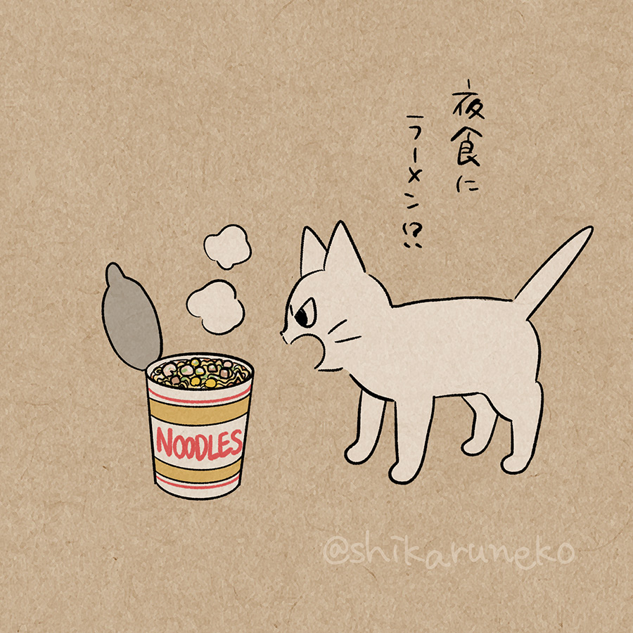 いつでも構わずラーメンを食べてしまう人を叱ってくれる猫