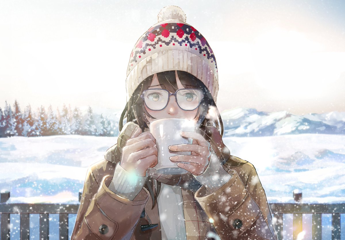 1girl solo glasses cup beanie outdoors scarf  illustration images