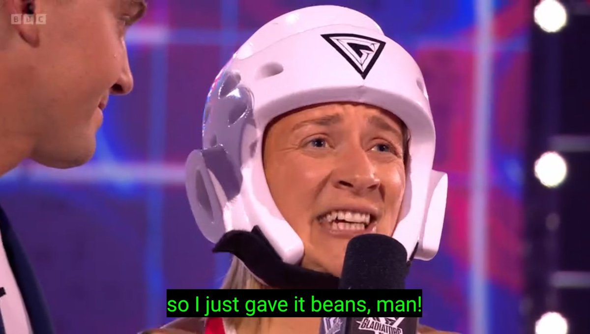 purplestrawbs1's tweet photo. Watching Gladiators - she either means she put a lot of effort in, or she impersonated Russell Crowe wanting a panini. I know which one I want to believe. #threebeansalad #Gladiators https://t.co/JyYkpkzrqK